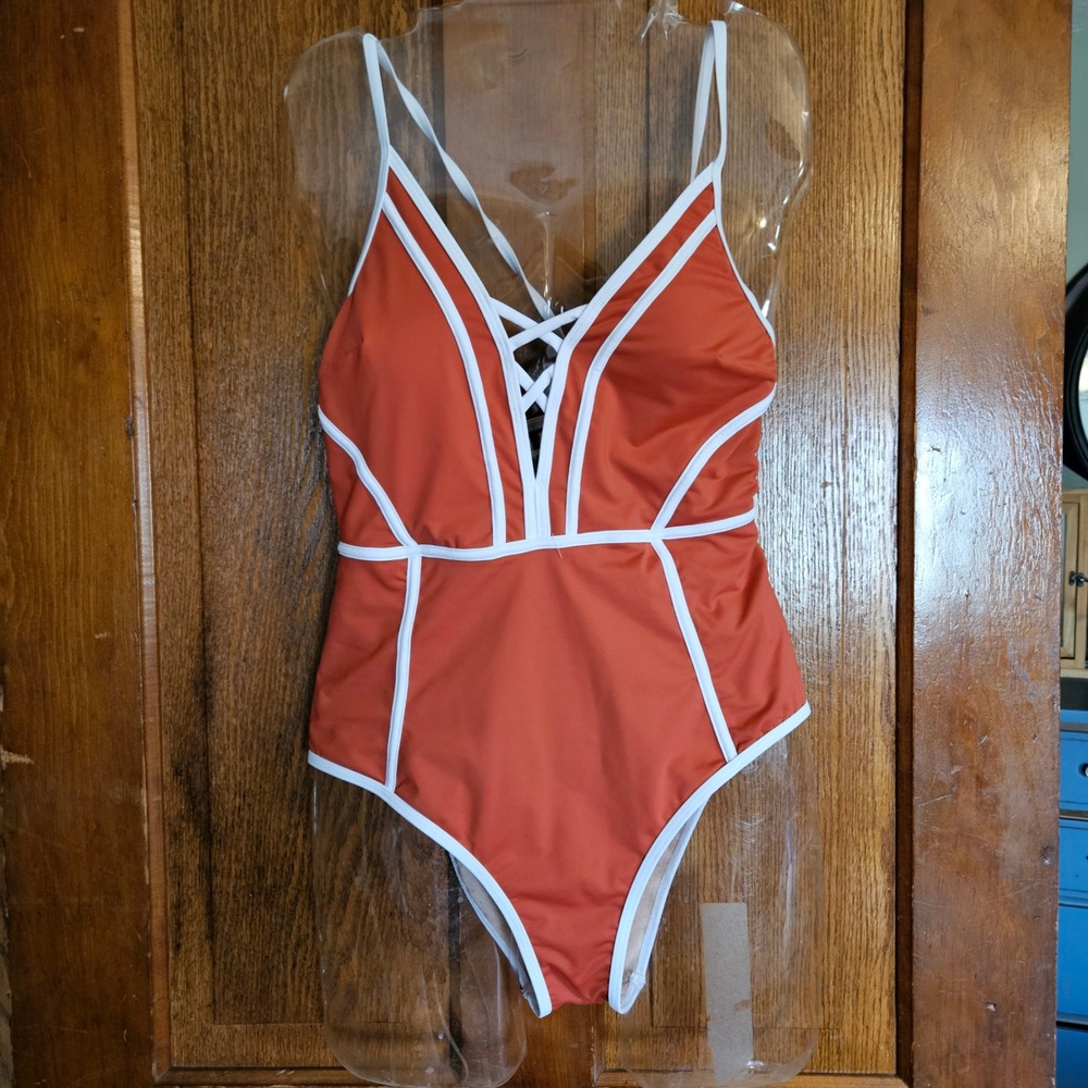 Burnt Orange One Piece Swimsuit White Contrast Trim Lace Up Front Strappy Back